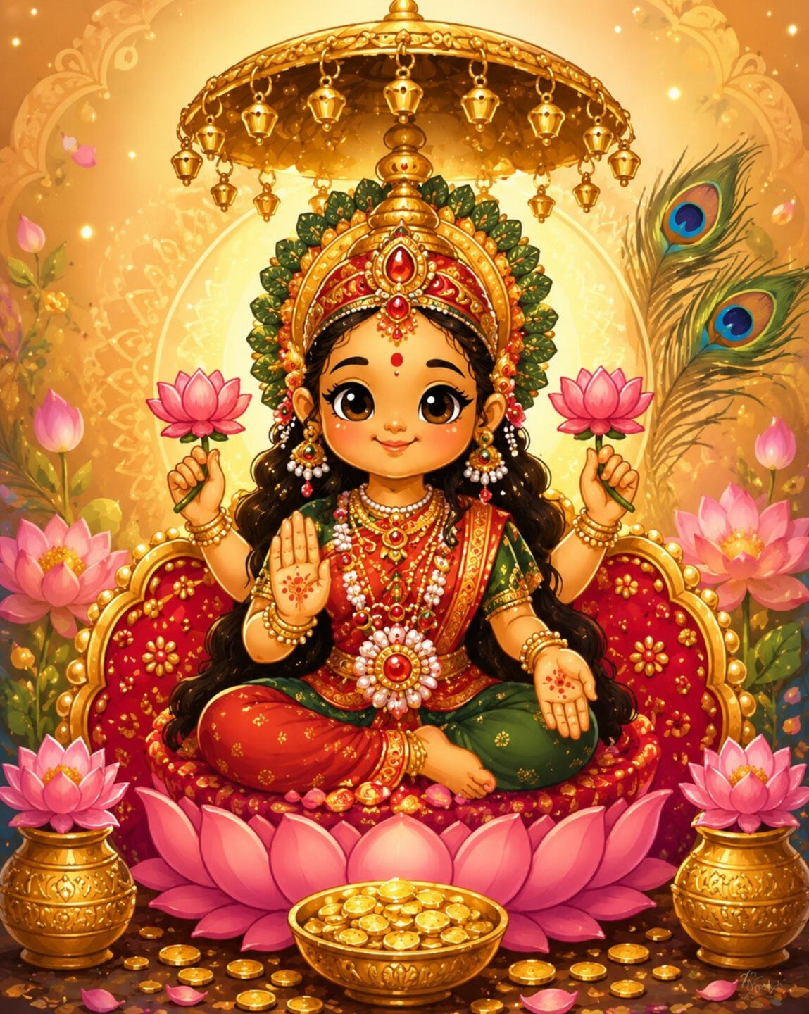 Cute Goddess Lakshmi Lotus Art